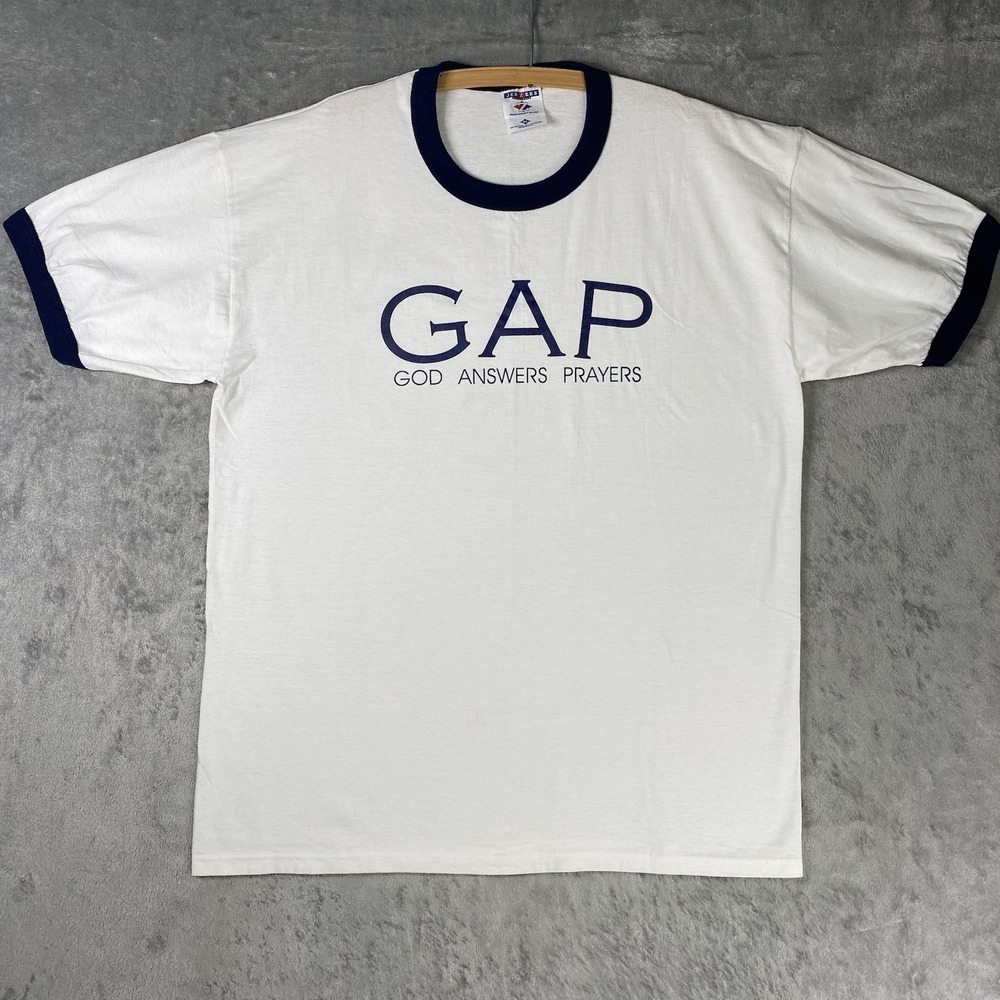 VTG GAP God Answers Prayers Shirt Mens XL White Jesus Tee Christian Religious